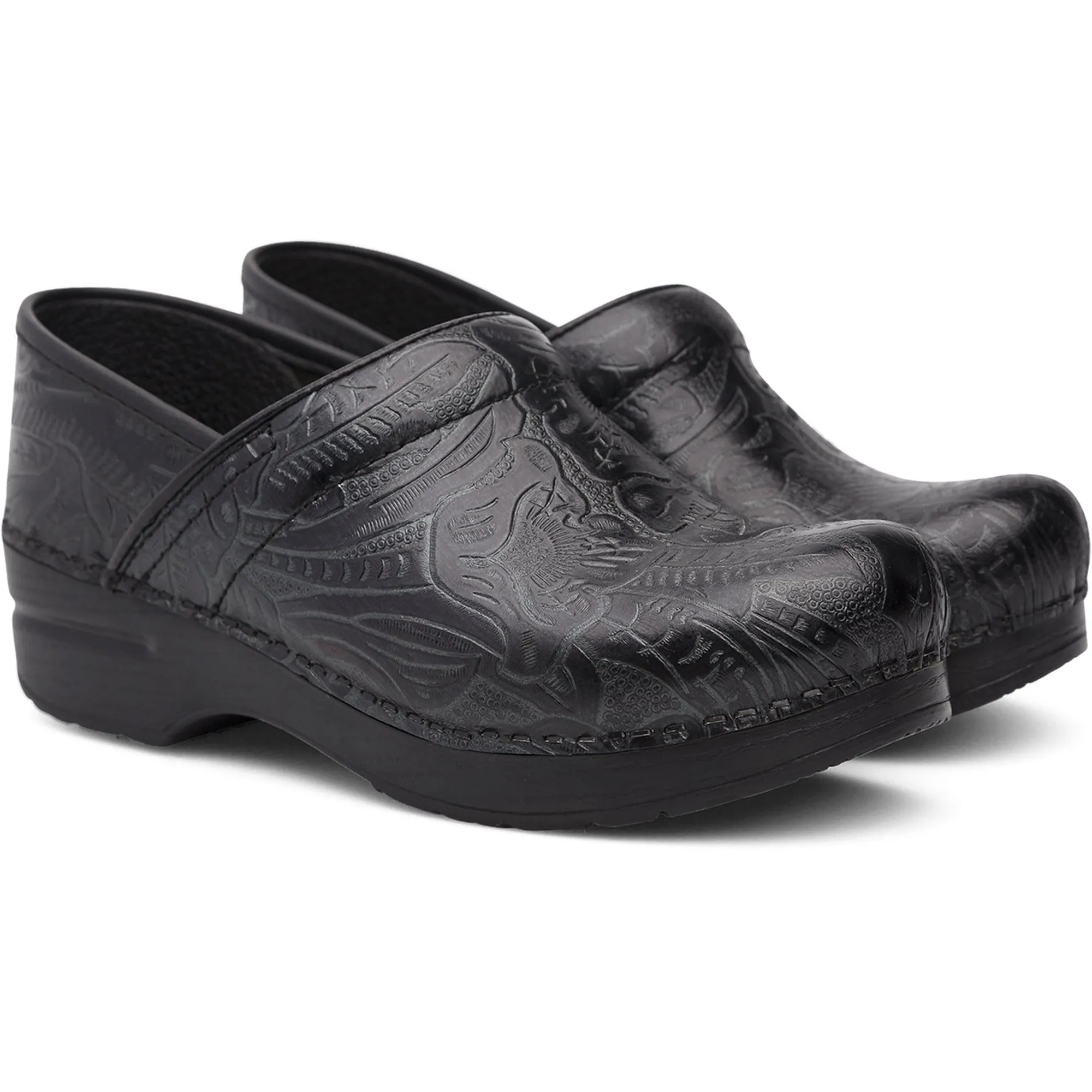 DANSKO WIDE Professional Black Tooled Leather Clogs