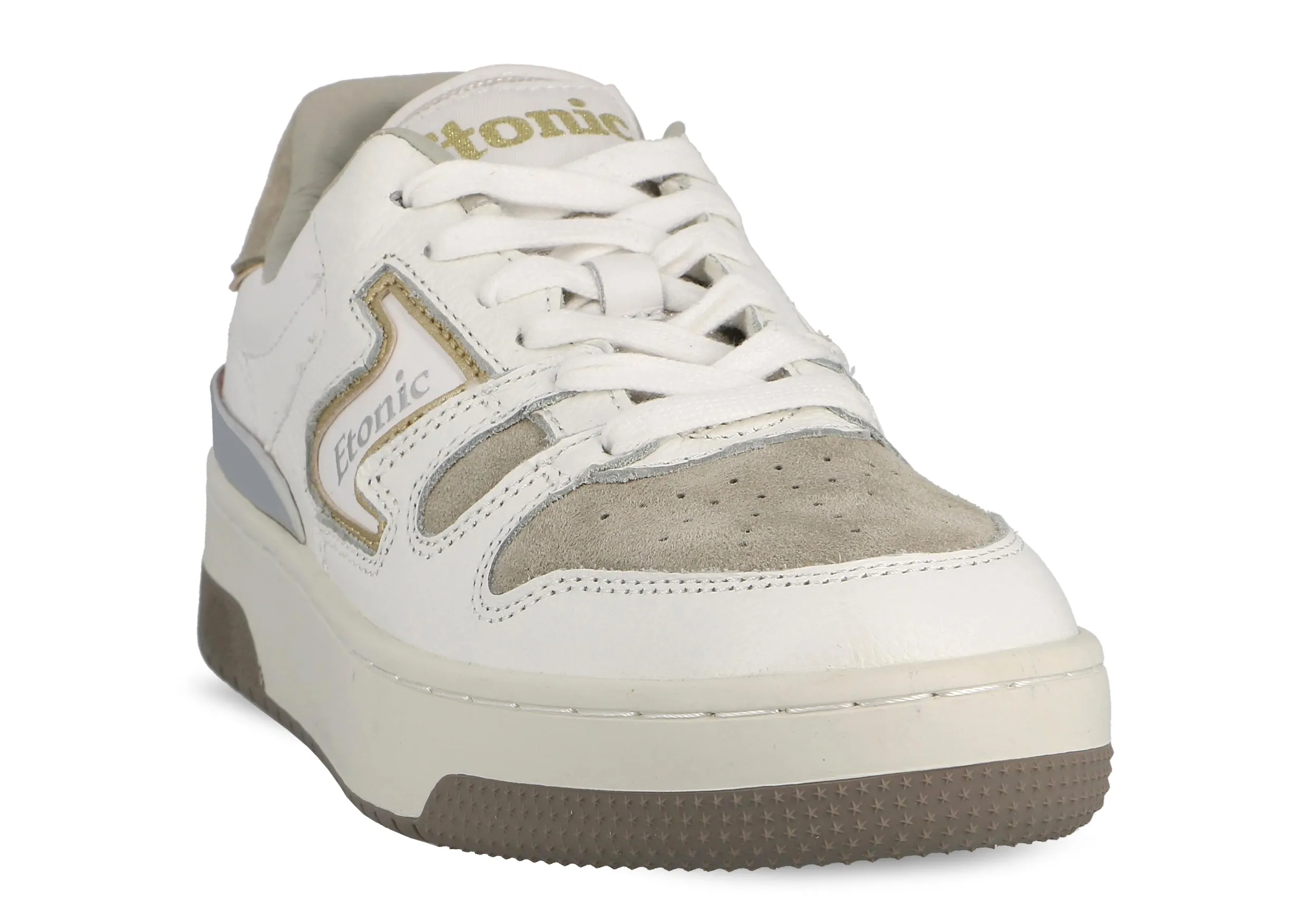 Etonic B481 sneakers in grey suede leather toebox, white leather with white midsole, brown bottom outsole,  silver and gold details.