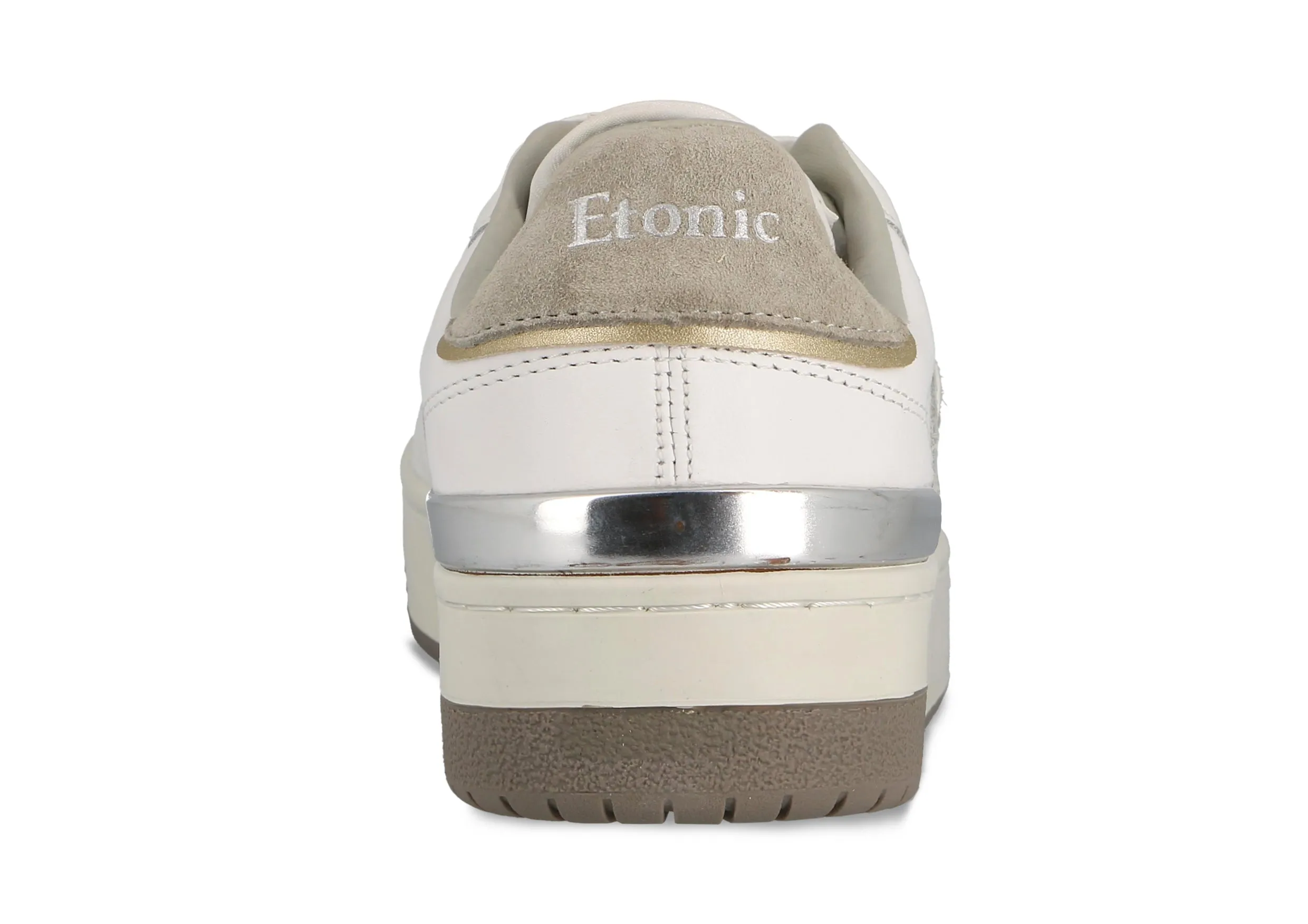 Etonic B481 sneakers in grey suede leather toebox, white leather with white midsole, brown bottom outsole,  silver and gold details.