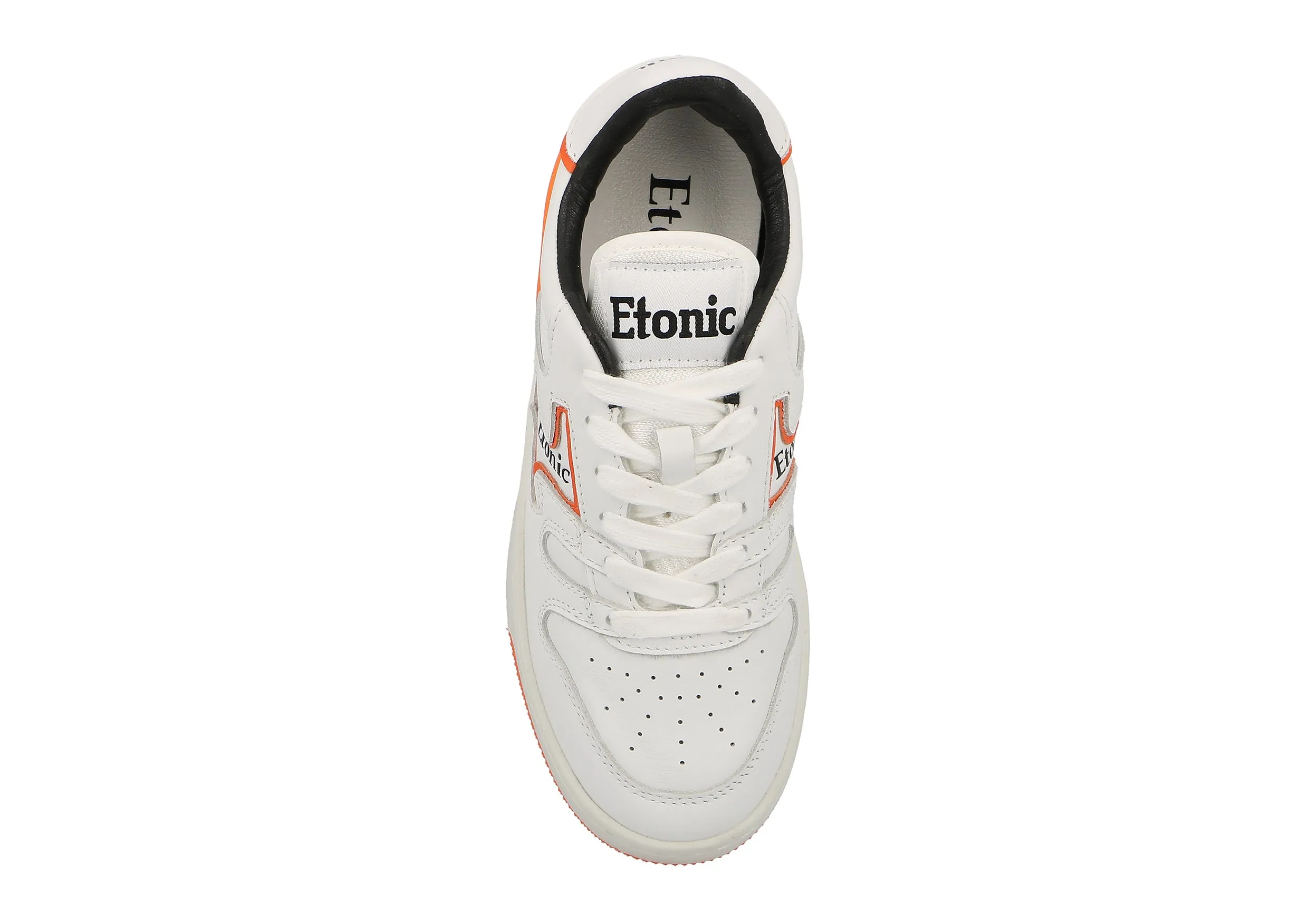 Etonic B481 sneakers in white leather with orange details and white midsole with orange bottom outsole.