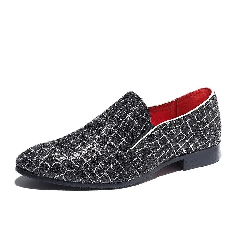 Fashion Grids Pattern Leather Loafers Shining Sequins