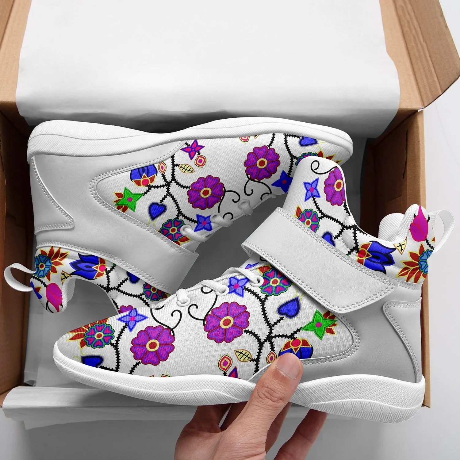 Floral Beadwork Seven Clans White Kid's Ipottaa Basketball / Sport High Top Shoes