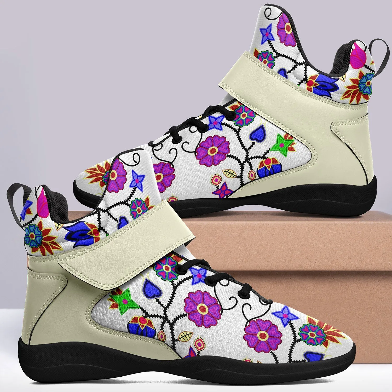 Floral Beadwork Seven Clans White Kid's Ipottaa Basketball / Sport High Top Shoes