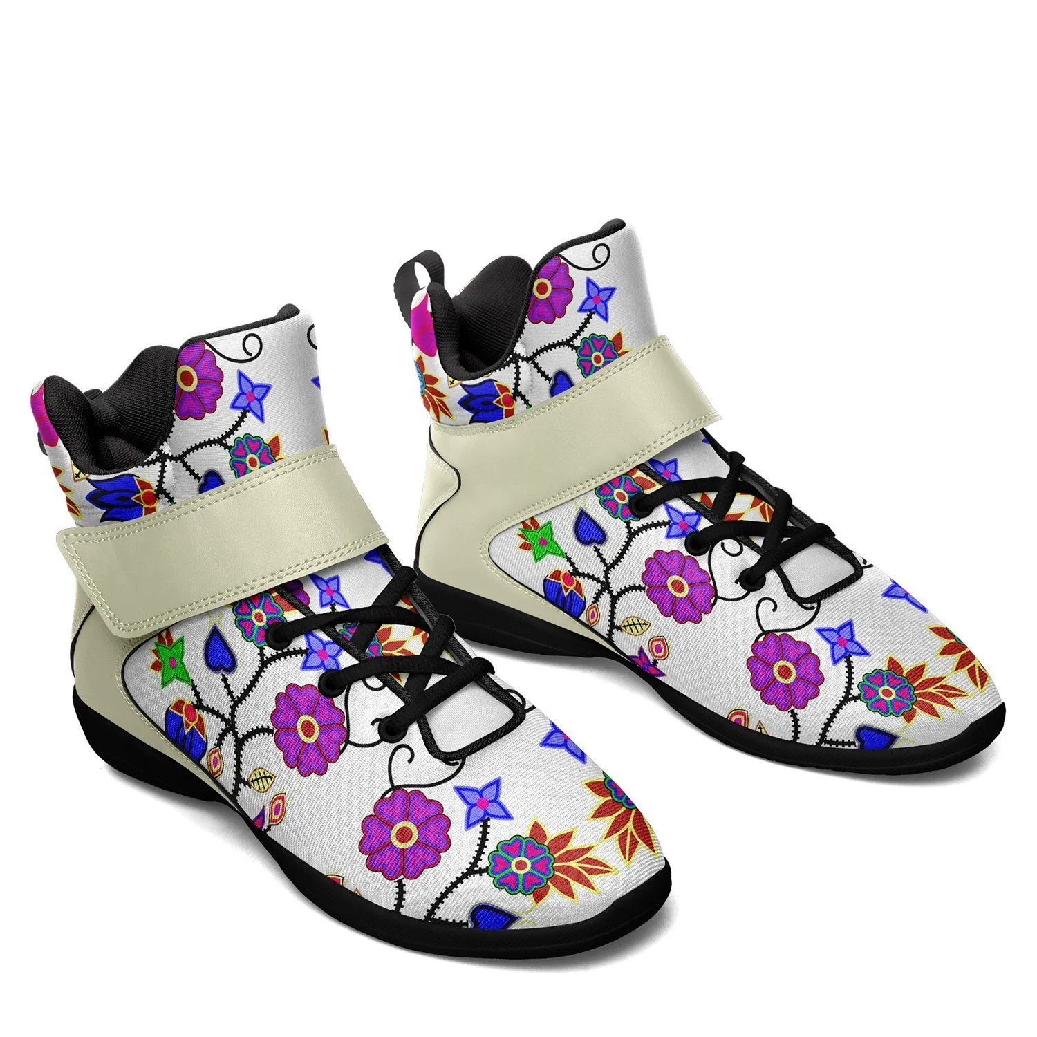 Floral Beadwork Seven Clans White Kid's Ipottaa Basketball / Sport High Top Shoes