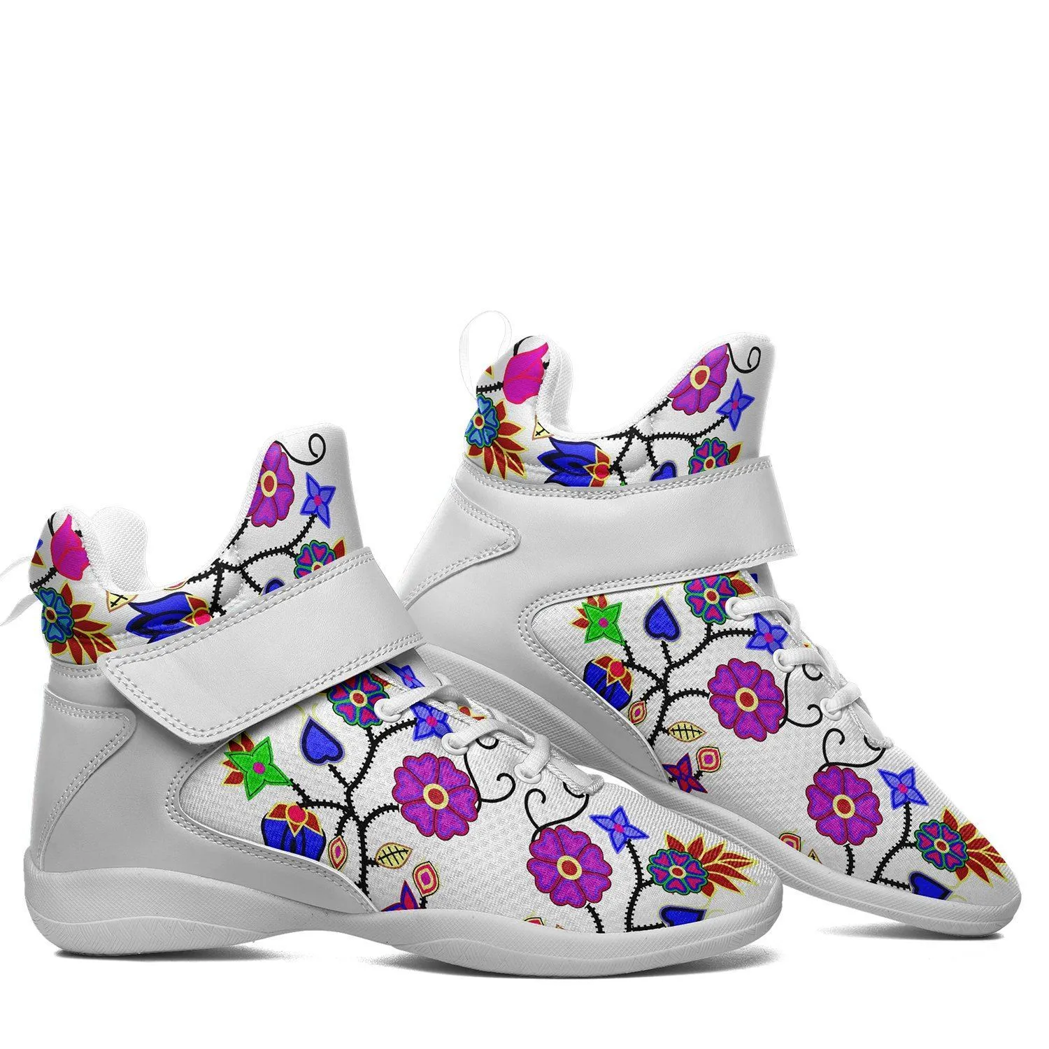 Floral Beadwork Seven Clans White Kid's Ipottaa Basketball / Sport High Top Shoes