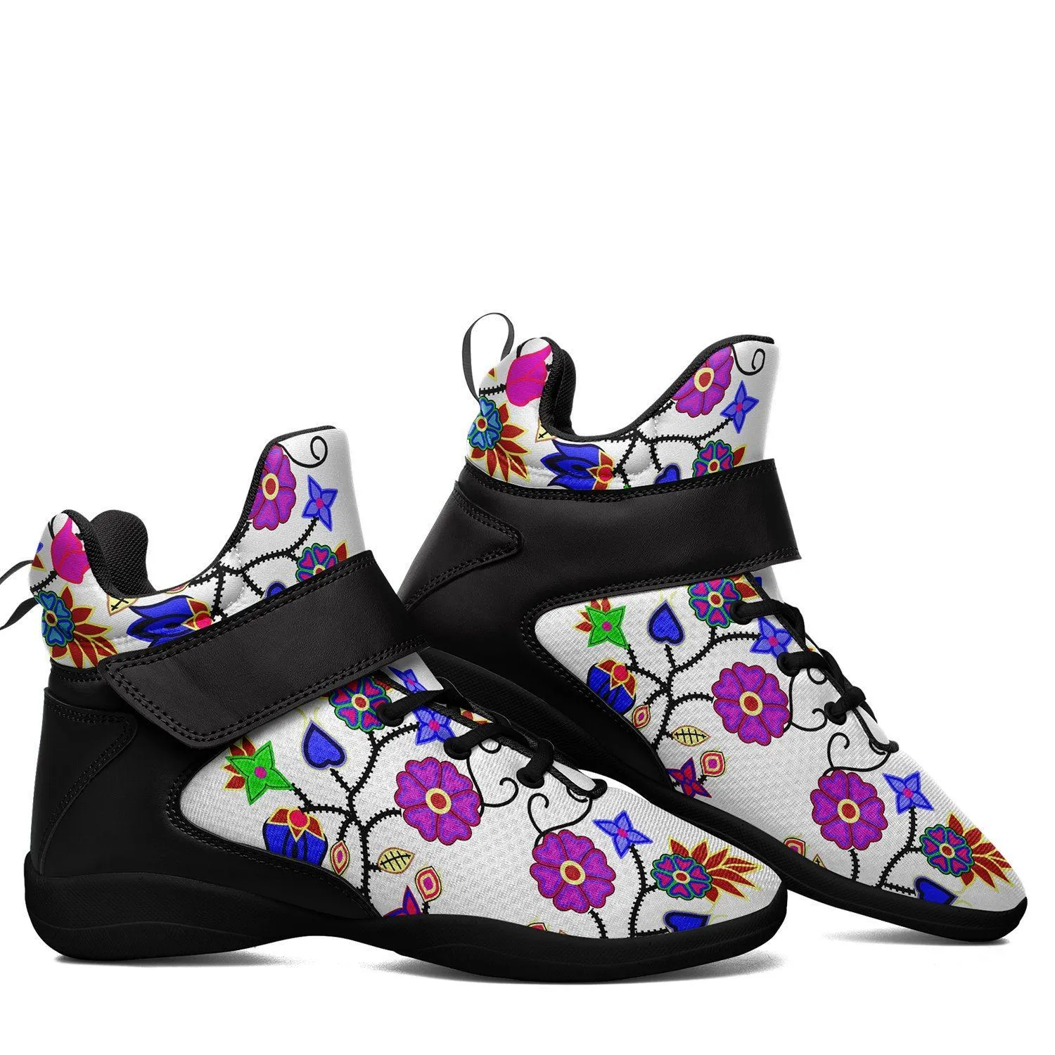 Floral Beadwork Seven Clans White Kid's Ipottaa Basketball / Sport High Top Shoes