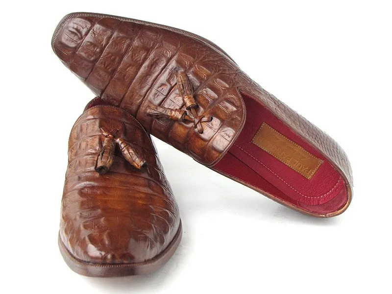 Paul Parkman Brown Crocodile Embossed Tassel Loafer