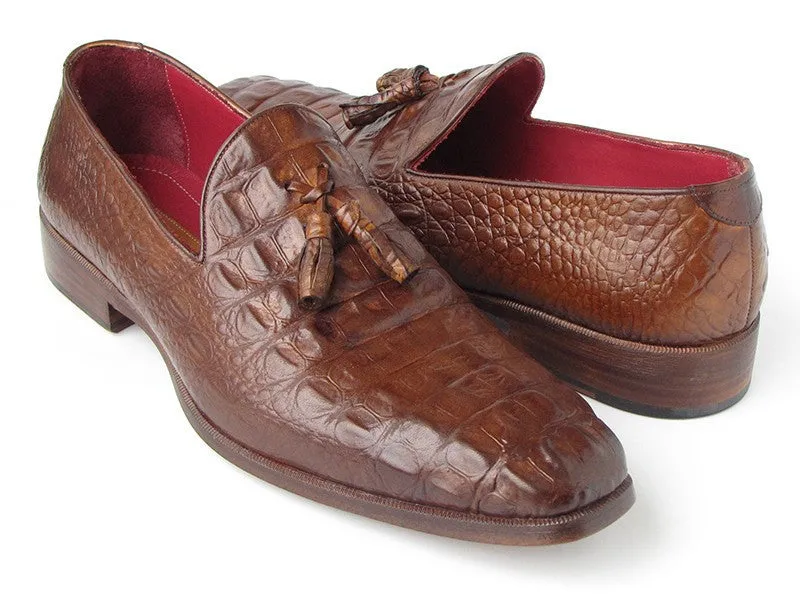 Paul Parkman Brown Crocodile Embossed Tassel Loafer